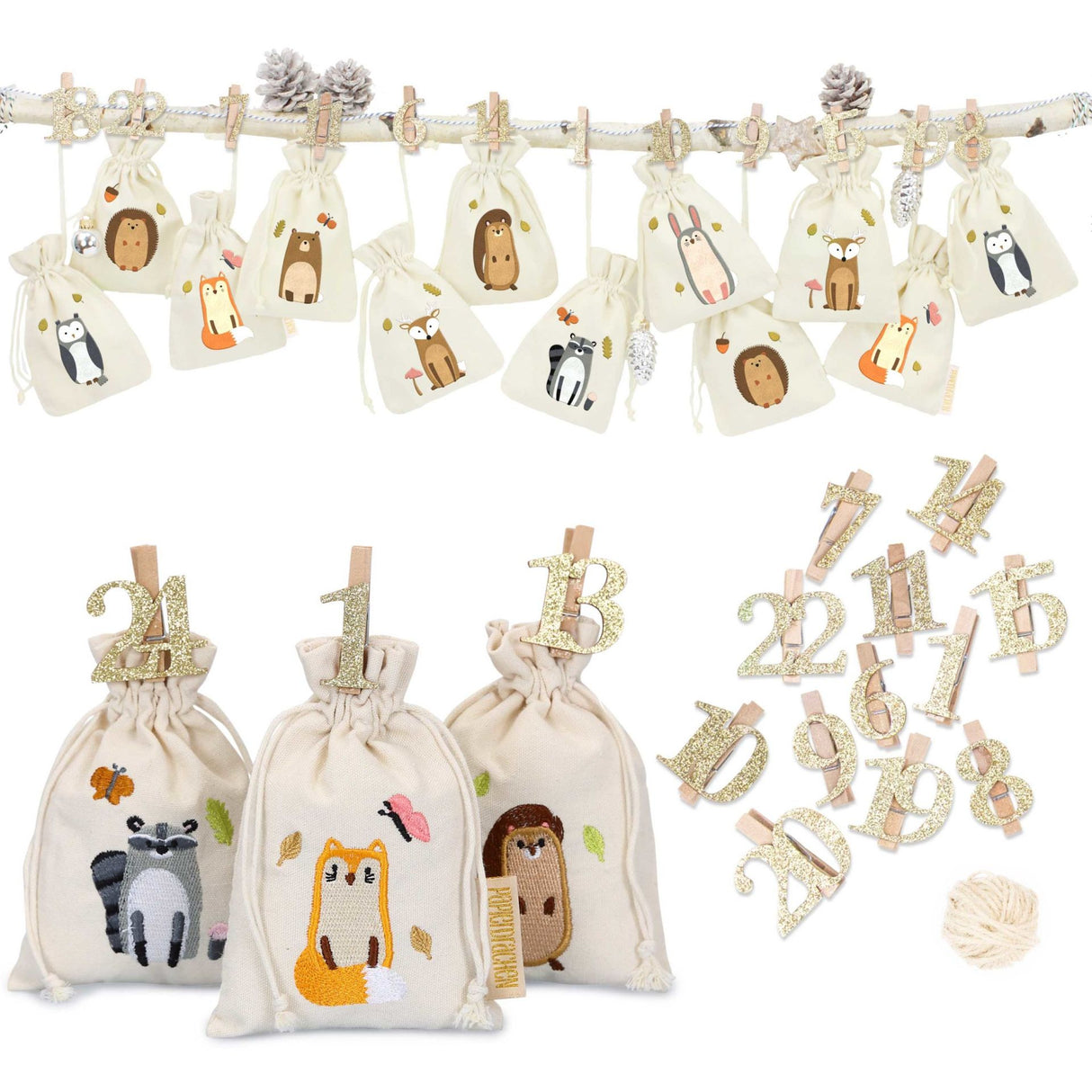 Adventskalender Stoffsäckchen Waldtiere bestickt