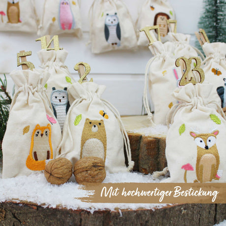 Adventskalender Stoffsäckchen Waldtiere bestickt