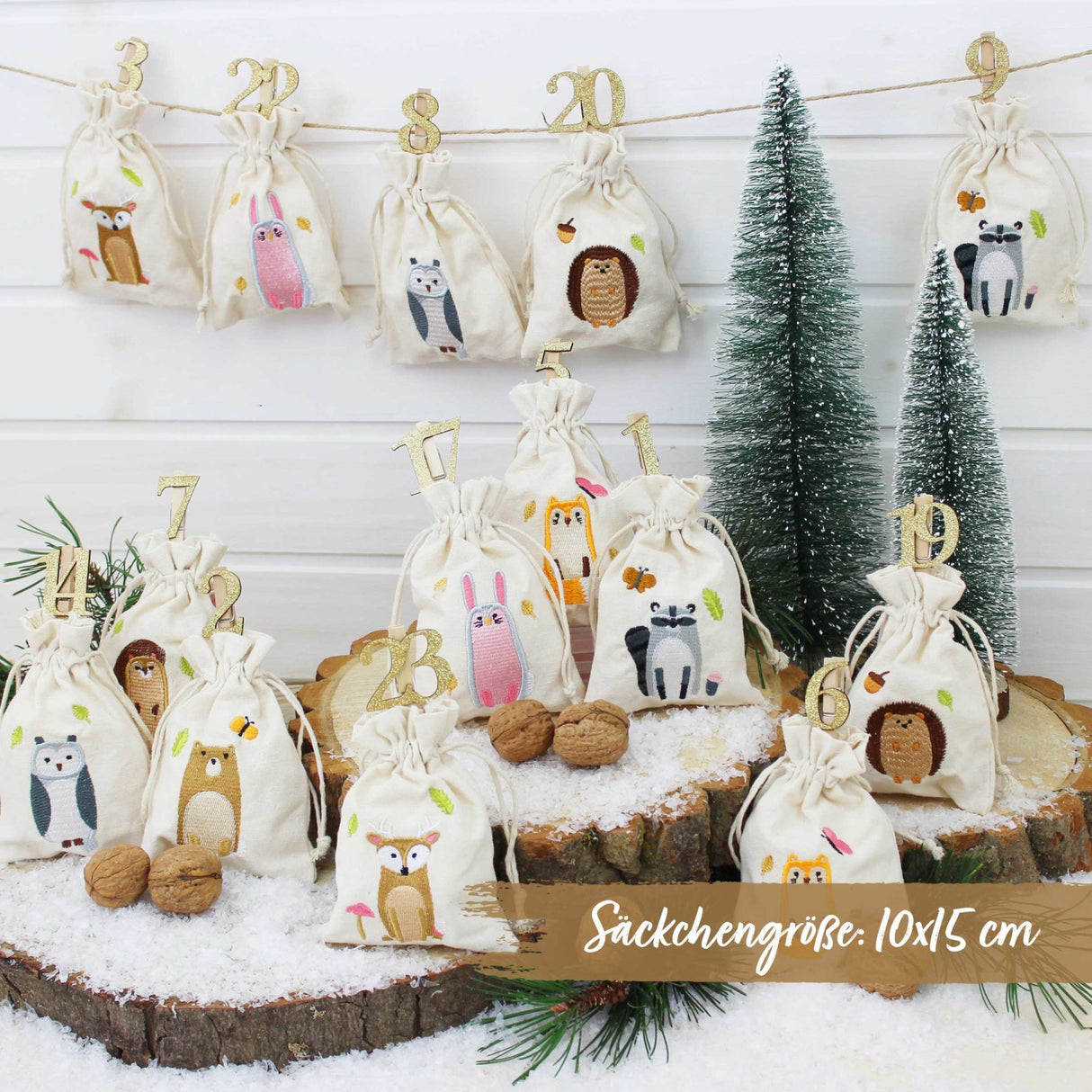 Adventskalender Stoffsäckchen Waldtiere bestickt
