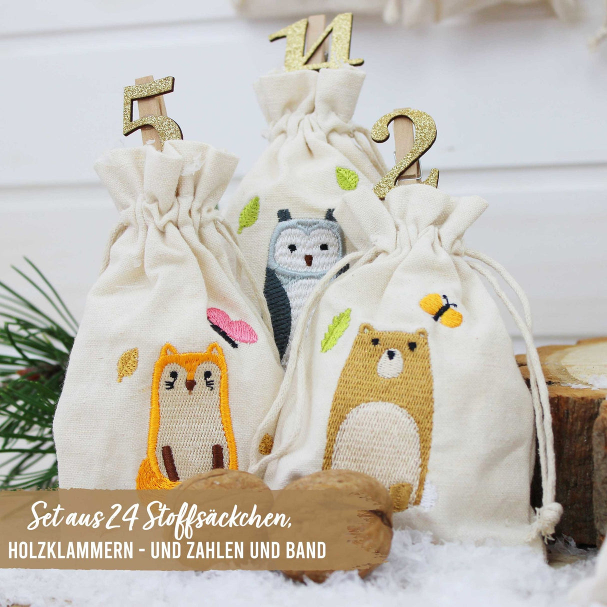 Adventskalender Stoffsäckchen Waldtiere bestickt