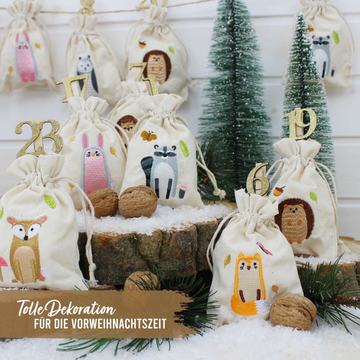 Adventskalender Stoffsäckchen Waldtiere bestickt