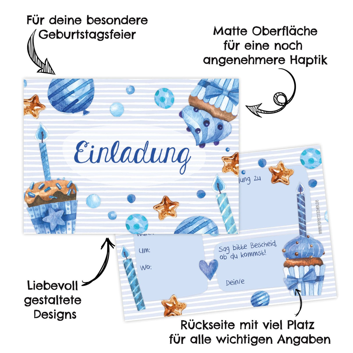 12 Einladungskarten Kindergeburtstag Muffin Blau