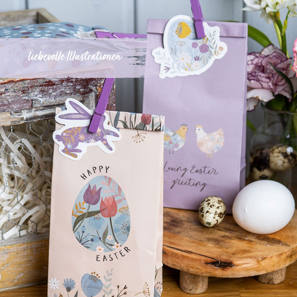 Osternest Papiertüten mit Anhänger Pastell
