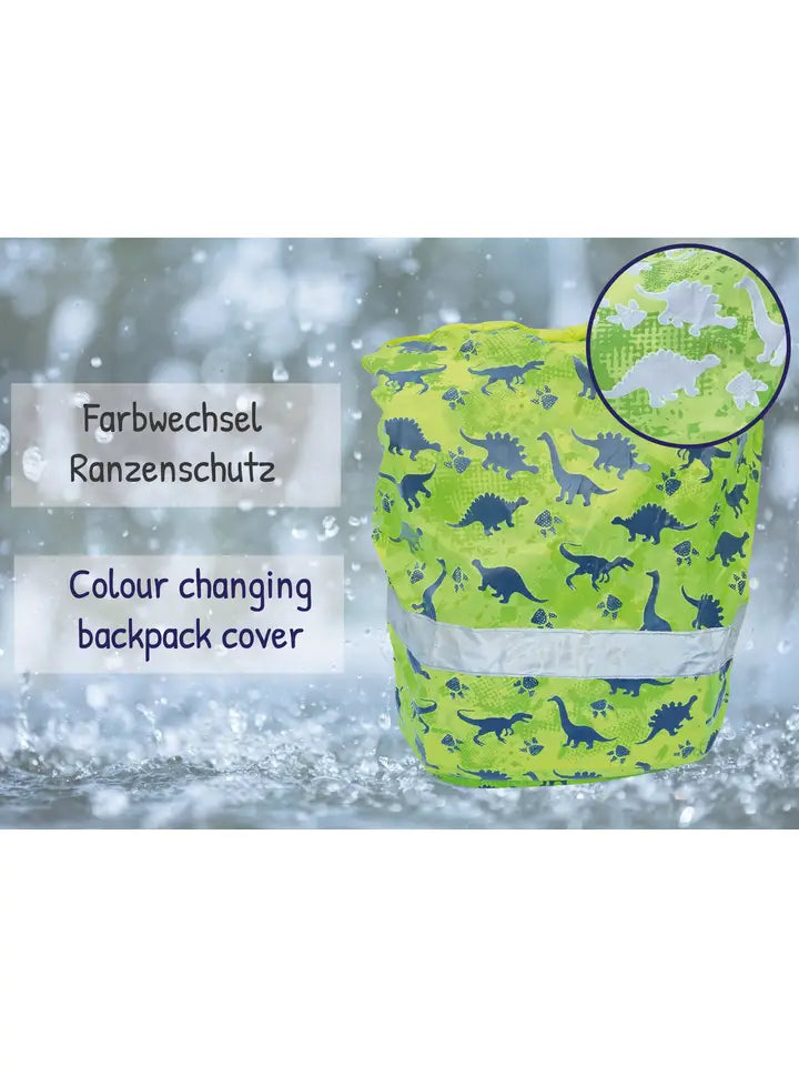 Regenschutzhülle mit Reflektoren für Schulrucksack Dino