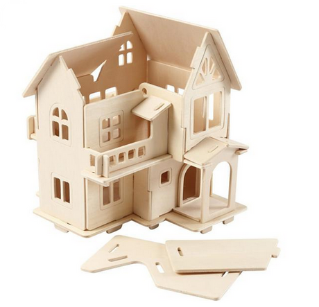 Wichtelhaus 3D mit Balkon aus Holz Nature