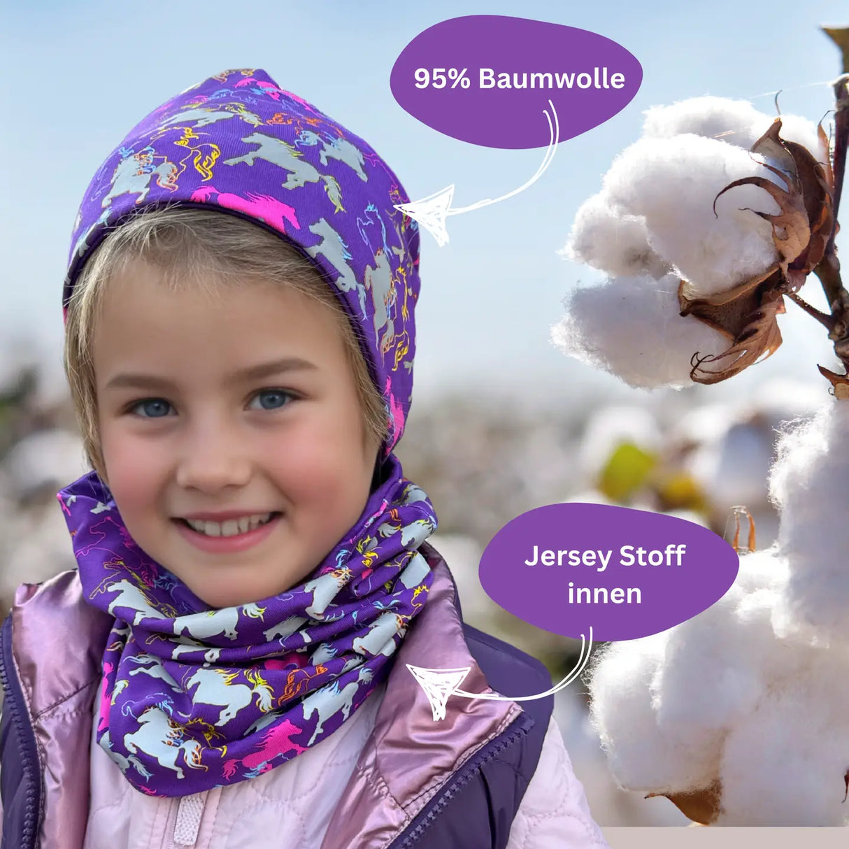 Kinder Winter Beanie Mütze & Loop Schal Reflektierend Pferd