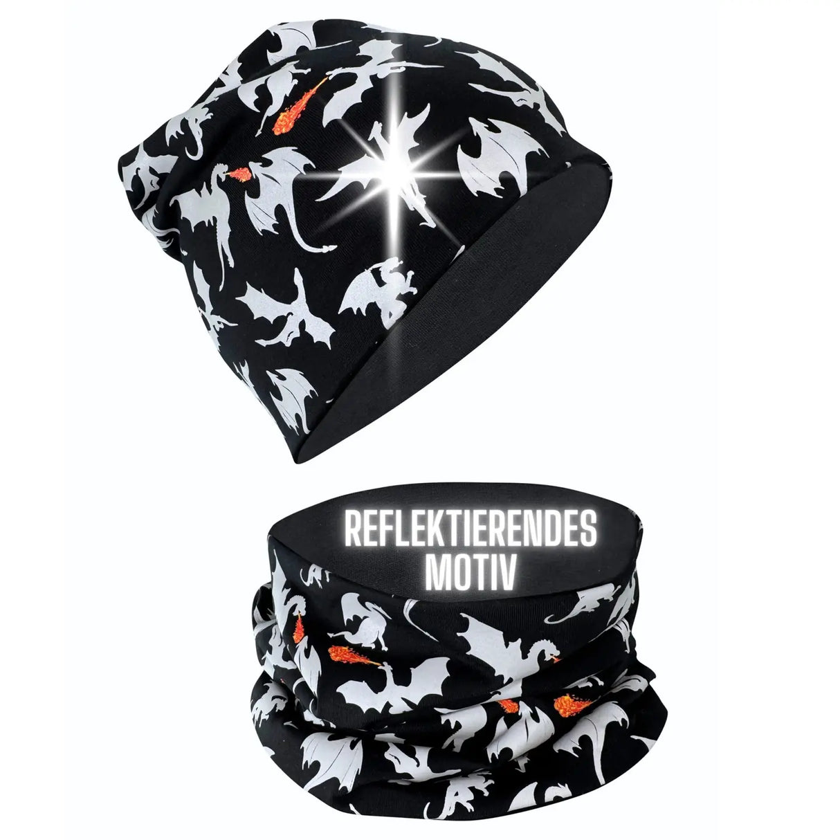 Kinder Winter Beanie Mütze & Loop Schal Reflektierend Drache