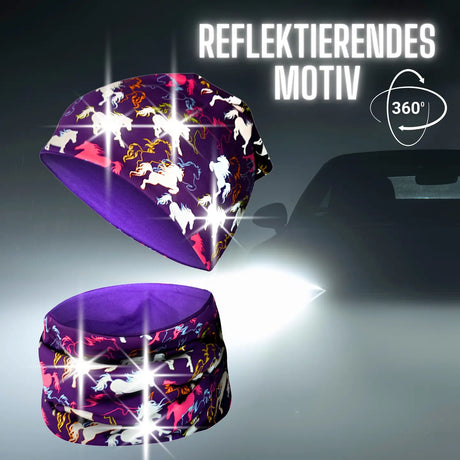 Kinder Beanie Mütze & Loop Schal Reflektierend Pferd