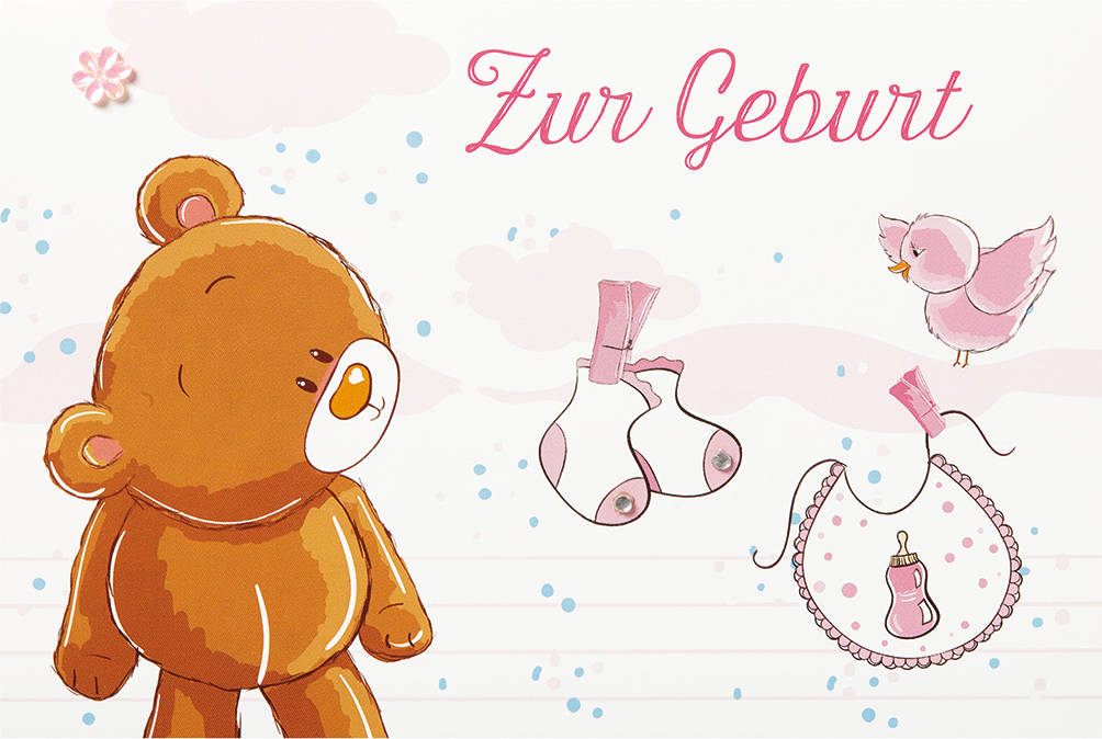 Geburtskarte Teddybär Rosa