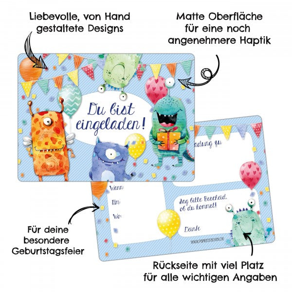 12 Einladungskarten Kindergeburtstag Monster