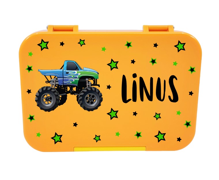 znünibox junge, lunchbox junge, znünibox personalisiert, znünibox kinder personalisiert, znünibox orange, znünibox mit name, znünibox kinder unterteilt, lunchbox mit name, lunchbox monstertruck, znünibox monstertruck, znünibox auslaufsicher, znünibox bedruckt