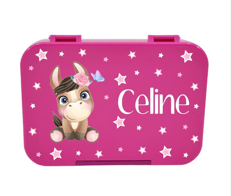 znünibox pink, lunchbox pink, znünibox pferd, lunchbox pferd, brotdose pink, brotdose kinder, brotdose mädchen, znünibox personalisiert kinder, znünibox bedruckt, znünibox beschriftet, znünibox personalisiert spülmaschinenfest