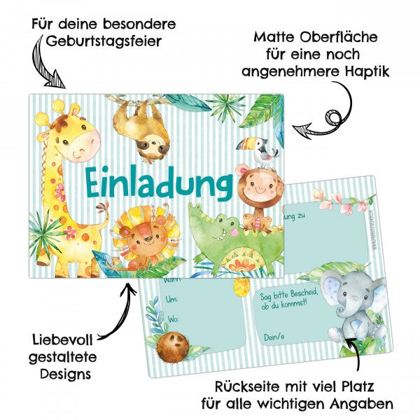 12 Einladungskarten Kindergeburtstag Tiere