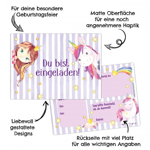 12 Einladungskarten Kindergeburtstag Feen & Einhorn